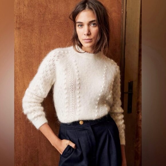 EUC Sezane Come Mohair Wool Textured Openwork Sweater Ecru XXS - Picture 1 of 10